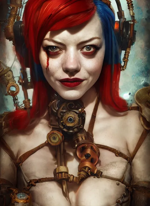 Prompt: underwater steampunk portrait of emma stone as harley quinn, hyper detailed, digital art, cinematic lighting, studio quality, smooth render, octane rendered, art style by klimt and nixeu and ian sprigger and krenz cushart.