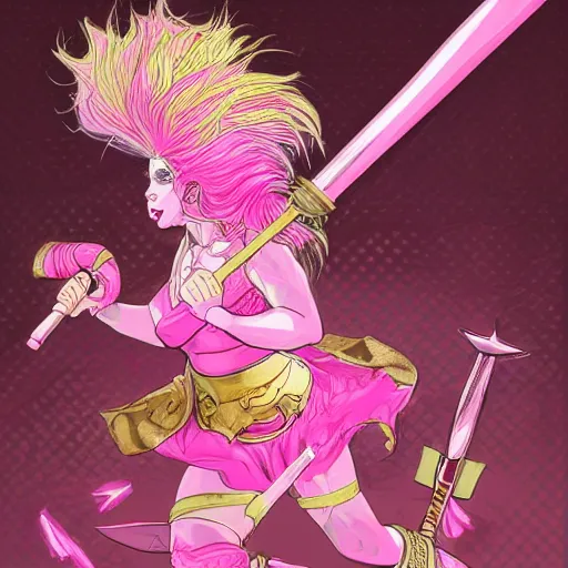 Image similar to pink haired female goddess with a giant metallic battle axe stepping on a small pink pink cat