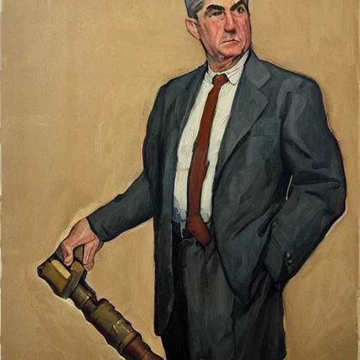 Prompt: socialist realist painting of robert mueller!!! standing with folded arms, disco elysium concept art by j. c. leyendecker and diego rivera