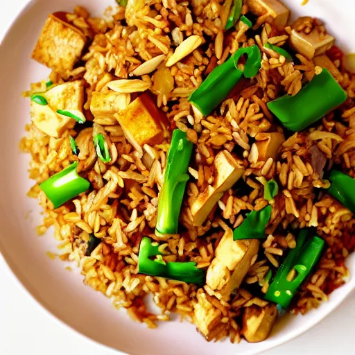 Image similar to a photograph of the new tofu fried rice, chinese dish from my local chinese restaurant, cooked to perfection, chefs table, netflix, gourmet, three michelin star, food photography