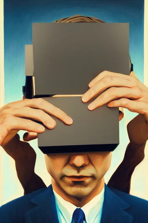 Image similar to Satoshi Nakamoto wearing Oculus and bitcoin over his head Edward Hopper and James Gilleard, Zdzislaw Beksisnski, higly detailed