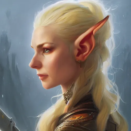 Prompt: A head-on detailed oil fantasy portrait of a pretty elf woman with small curly horns on her forehead, long blonde hair and bright irises, by greg rutkowski, trending on artstation, dungeon and dragons art