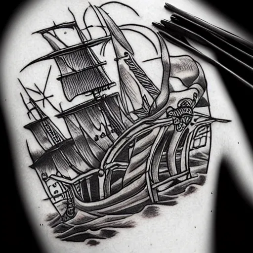 Image similar to A pirate ship tattoo design in the style of Dmitriy Samohin