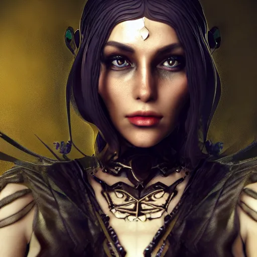 Image similar to beautiful portrait of a dark sorceress female, 35mm, cinematic shot, photorealistic, depth of field, trending on artstation