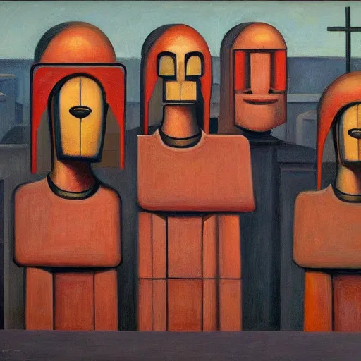 Image similar to three brutalist giant sacred robots visage, portrait, judge, cathedral, dystopian, pj crook, edward hopper, oil on canvas