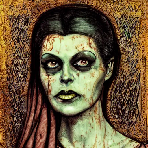 Prompt: in the tomb of empress sissi, vienna, austria, beautiful woman, zombie, pen and ink, 8 k, hyperrealistic, hyperdetailled, beautiful face, dark fantasy