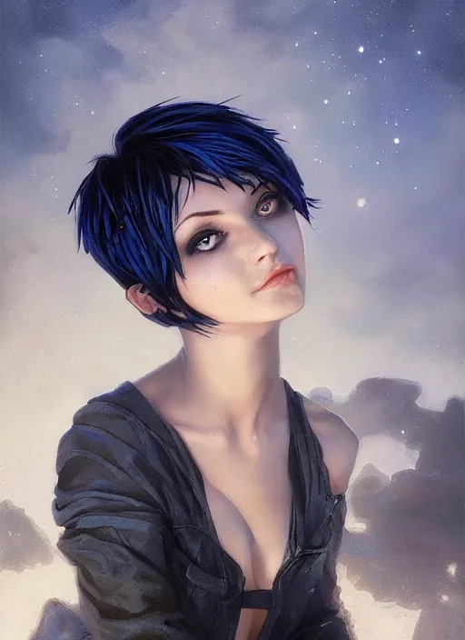 Image similar to girl with black and blue hair, pixie haircut, beautiful highly detailed face, complementary lighting, backlit, black eyeshadow, grinning, adventure, alluring gaze, dramatic lighting, landscape background, beautiful painting by artgerm and greg rutkowski and raymond swanland