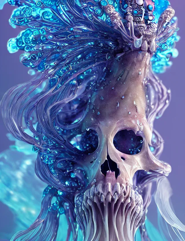 Image similar to goddess macro close - up portrait wigh crown made of ram skull. betta fish, jellyfish phoenix, bioluminiscent, plasma, ice, water, wind, creature, super intricate ornaments artwork by tooth wu and wlop and beeple and greg rutkowski