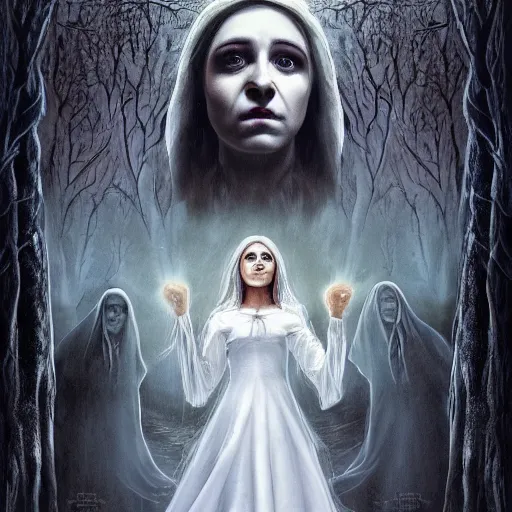 Prompt: the legend of boggey creek meets dracula and the curse of f la llorona alex grey in yggdrasil, white, night, 4 k, ultrarealistic by john stephens in high resolution another day of life