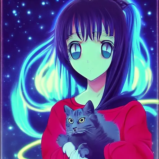 Prompt: a anime aesthetic woman with long dark hair holding a cat in her arm standing on steps in a field at night, a hologram by kusama, instagram, optical illusion, full body, ultra hd, neon, pexels contest winner, high quality photo, rtx, hd, shiny eyes, a renaissance painting by sailor moon