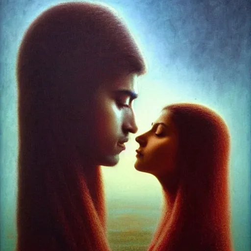 Image similar to perfectly - centered movie promotional poster - photograph of a young indian guy and a beautiful girl side profile faces symmetrical ; real life portrait by beksinski and jean delville, romantic theme, two lovers sharing one heart, unreal engine 5, photorealism, hd quality, 8 k resolution, cinema 4 d, hdr dramatic lighting ; symmetrical, cinematic, high coherence