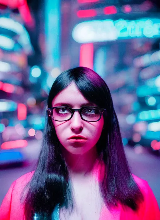 Prompt: A hyper realistic and detailed head portrait photography of raven-hair nerd, youthful female in futuristic clothing on a futuristic street. by Annie Leibovitz. Neo noir style. Cinematic. neon lights glow in the background. Cinestill 800T film. Lens flare. Helios 44m