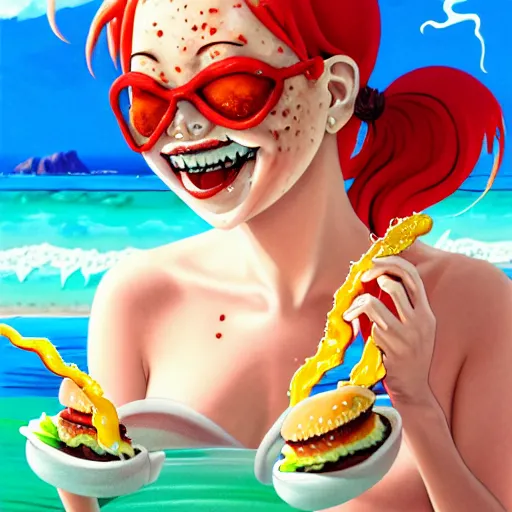 Image similar to Extremely Detailed and Full Portrait scene of Gooey Ocean scene in ink and refined sand, Red head pigtail anime woman with freckles on her face and shades on face. wearing a sundress full body smiling while eating a sloppy cheese burger. The cheeseburger is leaking red sauce all over the place by Akihito Yoshitomi AND Yoji Shinkawa AND Greg Rutkowski, Mark Arian trending on artstation