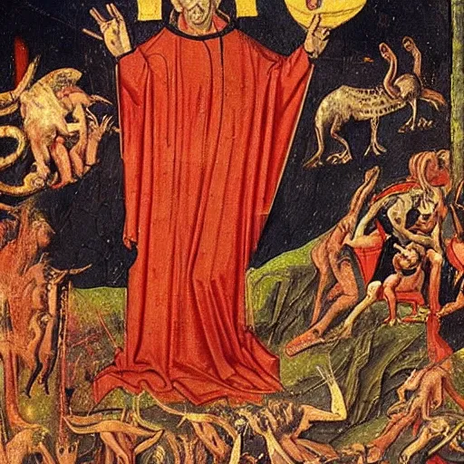 Image similar to a medieval painting of the hell as described by Dante Alghieri. Very detailed. High quality. Colorful.