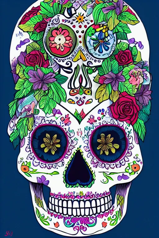 Image similar to illustration of a sugar skull day of the dead girl, art by lixin yin