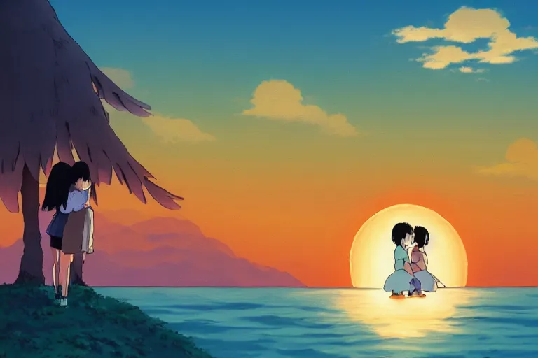 Prompt: a bright cute studio ghibli painting of an anime duck hugging a woman, beautiful sunset over the water, in the style of studio ghibli, highly detailed, 4K, smooth, trending on artstation, japanese, sumi-e