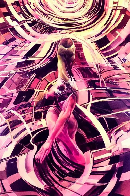 Image similar to wideangle action, a wild beautiful ballet techno dancer tangled in the tendrils of reality, madness, decoherence, synthwave, glitch!!, fractured reality, vortex, realistic, hyperdetailed, concept art, art by syd mead, cubism