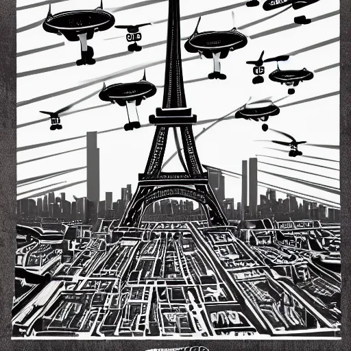 Image similar to Comic artwork of a dark futuristic version Paris in France with drones flying around the Eiffel tower