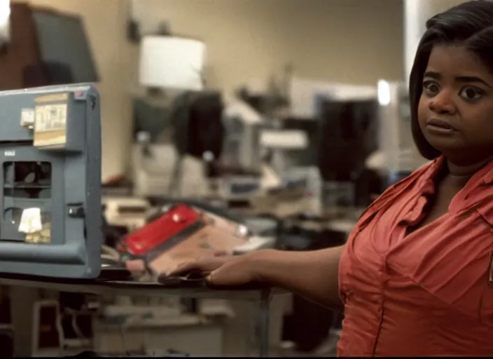 Image similar to cinematic shot of octavia spencer in an small used electronics store next to an old electronic keyboard, iconic scene from the paranoid thriller sci fi film directed by stanley kubrick, anamorphic lens, moody dark cinematography, beautiful composition, color theory, leading lines, photorealistic hands, 4 k