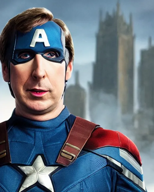 Prompt: film still close - up shot of alan partridge as captain america from the movie captain america : the first avenger. photographic, photography