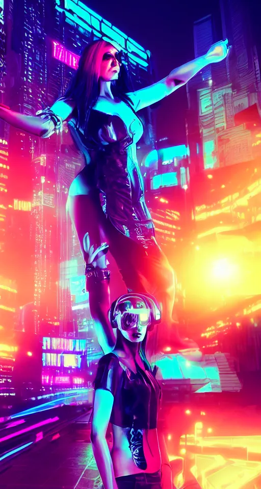 Image similar to cyberpunk women, neon lights, city, glow, sunset, retrowave style,