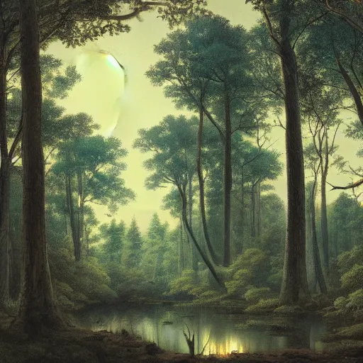 Prompt: forest of extremely very tall trees, wispy leaves, moonlit night, fireflies, by asher brown durand, by iyoshitaka amano