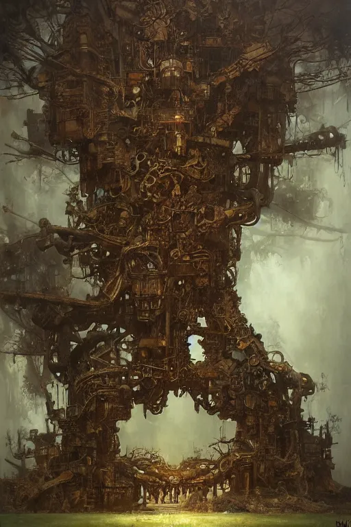 Image similar to dieselpunk tree made from engines, painted by ruan jia, raymond swanland, lawrence alma tadema, zdzislaw beksinski, norman rockwell, jack kirby, tom lovell, alex malveda, greg staples