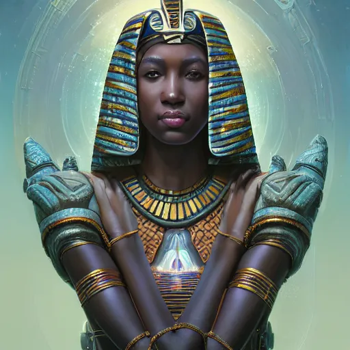 Image similar to highly detailed portrait of an african egyptian goddess, intricate alien technology, stephen bliss, unreal engine, fantasy art by greg rutkowski, loish, rhads, ferdinand knab, makoto shinkai and lois van baarle, ilya kuvshinov, rossdraws, tom bagshaw, global illumination, radiant light, detailed and intricate environment