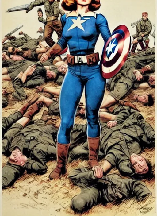 Prompt: beautiful female captain america standing on a pile of defeated german soldiers. feminist captain america wins wwii. american wwii propaganda poster by james gurney