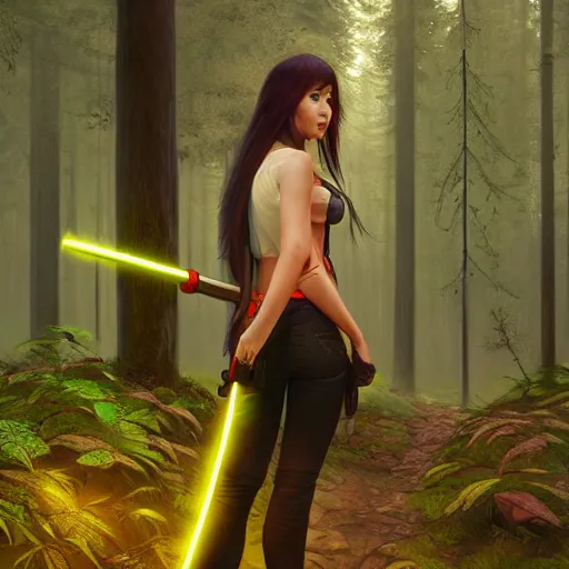 Image similar to woman with neon katana in a forest at night, highly detailed, professional digital painting, Unreal Engine 5, Photorealism, HD quality, 8k resolution, cinema 4d, 3D, cinematic, professional photography, art by artgerm and greg rutkowski and alphonse mucha and loish and WLOP