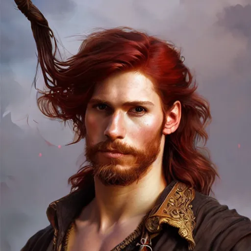 Prompt: portrait of a young ruggedly handsome pirate, male, masculine, upper body, red hair, long hair, d & d, fantasy, intricate, elegant, highly detailed, digital painting, artstation, concept art, matte, sharp focus, illustration, art by artgerm and greg rutkowski and alphonse mucha