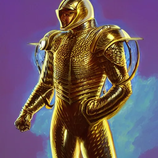 Image similar to full frame golden reflective shining intricate armor on a stand in the middle of a studio well lit spotlights anamorphic behance artstation artwork by boris vallejo