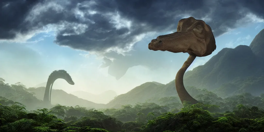 Image similar to a distant prehistoric fern jungle, a distant sauropod head in the background, mountains, clouds, volumetric lighting, hazy, washed out, an award winning digital render, beautiful, ultradetailed, hyperrealistic, great composition