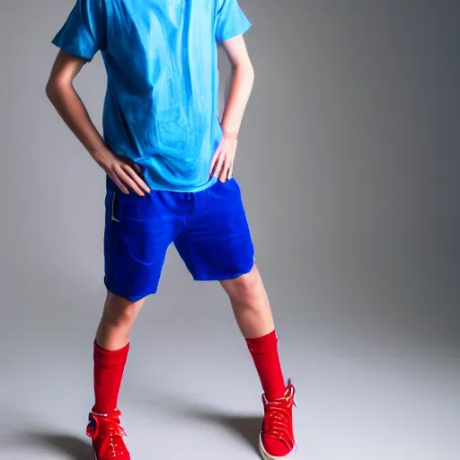 Prompt: a portrait of an american teenage boy with blue colored hair, wearing a red backwards cap, white t - shirt with a red no symbol on it, blue long pants and red shoes, holding a microphone, studio lighting, photoshoot, grey backdrop