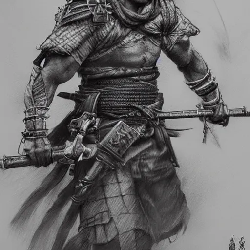 Image similar to Kurdish samurai, extremely detailed charcoal sketch, realistic, incredibly detailed, award winning art, cinematic, extremely high detail, concept art, 4k fantasy art, trending on artstation, full body shot