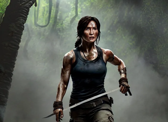 Image similar to film still of!!!! jackie chan jackie chan jackie chan!!! as lara croft in new tomb raider movie, 8 k