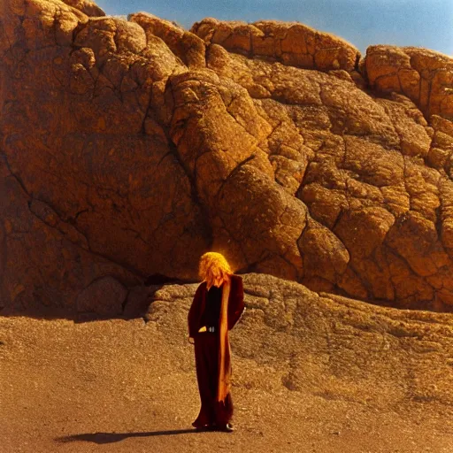 Image similar to mick jagger dressed in golden costume with jewels in a dry rocky desert landscape, visible sky and sunny atmosphere, fata morgana by alejandro jodorowsky, anamorphic lens, kodakchrome, 8 k -