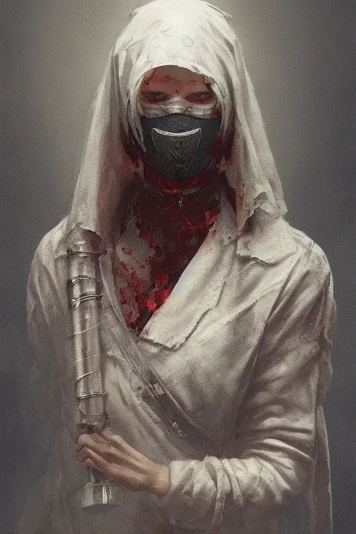 Image similar to The killer Nurse with the iron mask, horror, illustrated by Greg Rutkowski and Caspar David Friedrich., Trending on artstation, artstationHD, artstationHQ, 4k, 8k