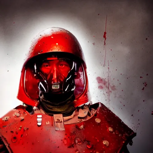 Image similar to portrait of a 5 0 year old soldier wearing blood - spattered glossy sleek white dinged scuffed armor and a long torn red cape, heroic posture, battle - weary, strained expression, determined expression, no helmet, on the surface of mars, dramatic lighting, cinematic, sci - fi, hyperrealistic, detailed