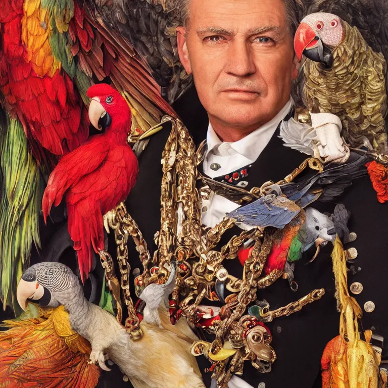 Image similar to close - up octane render portrait by wayne barlow and carlo crivelli and glenn fabry, an extremely elegant bold stern well - dressed admiral in a very powerful uniform, holding a colorful parrot, inside a colorful highly - themed nautical bar, very short depth of field, bokeh