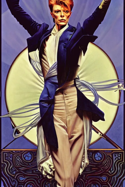 Prompt: david bowie as The Blue Jean Genie music video, J.C leyendecker, alphonse mucha, yoshitaka amano , high resolution, hd, 4k