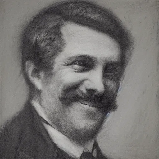 Image similar to portrait of an action hero, suit, tie, smile, by alfred stevens in charcoal