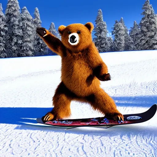 Prompt: a bear snow boarding with sunglasses