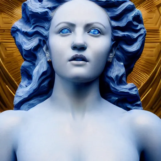 Image similar to a blue marble statue masterpiece of a gorgeous woman made from blue marble with white and gold, macro detailed oily skin. highly detailed, sharpness. victorian dress. hyper realistic., close up, face only, portrait, bright lights, bright render, octane render, corona render