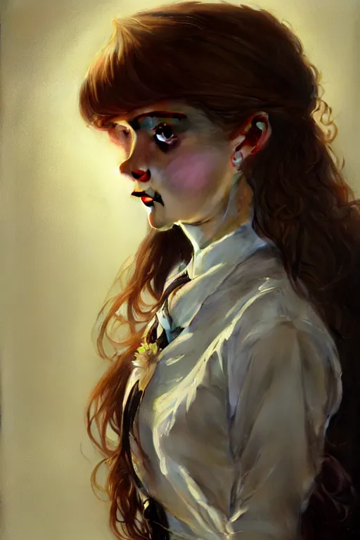 Image similar to portrait of a scottish teenage girl with dark blonde hair, glowing skin, intelligent face, school uniform, intricate, elegant, dress shirt, highly detailed, digital painting, artstation, concept art, smooth, sharp focus, illustration, art by Krenz Cushart and Artem Demura and alphonse mucha