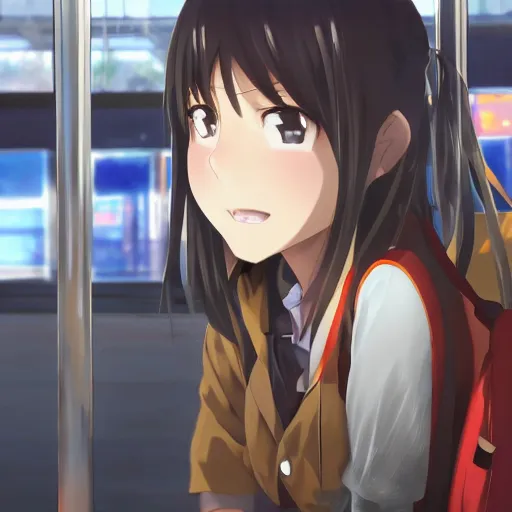 Prompt: closeup of an Anime girl in the bus station in the city of Armenia Quindio, Artwork by Makoto Shinkai, official media, 8k, pixiv, high definition, wallpaper, hd, digital artwork