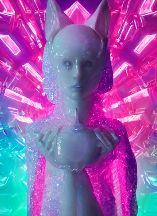 Prompt: photo of fullbodied baroque and bladerunner delicate neon diamond sculpture of corgi albino marble prince kai harvatz dotado pink iridescent humanoid deity wearing blue plastic hooded cloak holding an glass skull in a onyx alien dungeon, reclining, glowing magenta face, crown of white diamonds, cinematic lighting, photorealistic, octane render 8 k depth of field 3 d