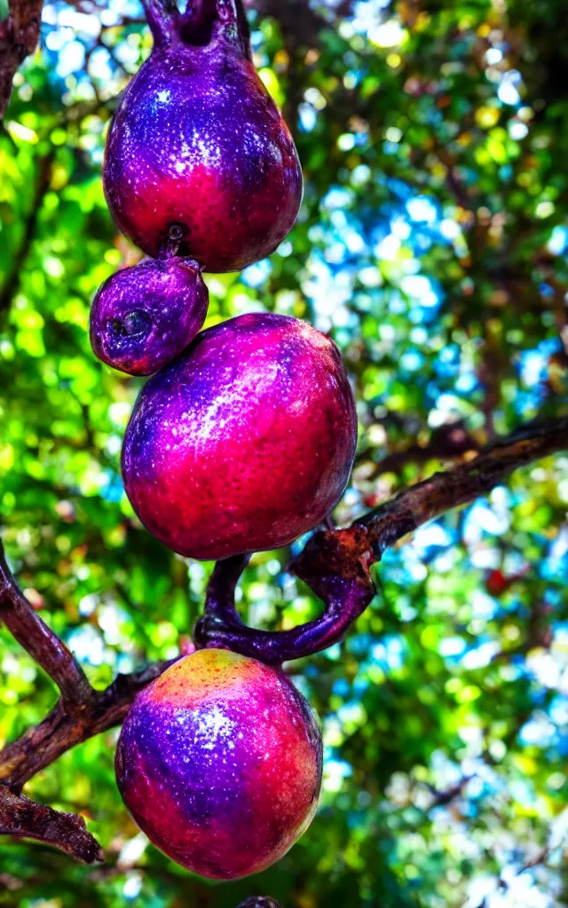 Prompt: a macro shot of a fruit hanging on a tropical tree, it is very colorful but has mainly shades of blue and violet, it looks poisonous but tasty