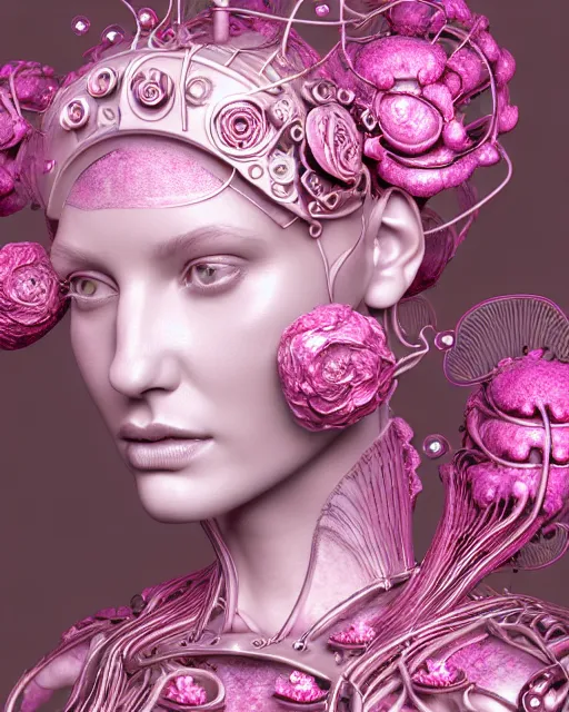 Prompt: mythical dreamy organic bio - mechanical spinal ribbed profile face portrait detail of translucent steampunk beautiful intricated monochrome angelic - human - queen - vegetal - cyborg, highly detailed, intricate translucent pink ivy jelly ornate, poetic, translucent roses ornate, 3 d render, digital art, octane render, 8 k artistic photography