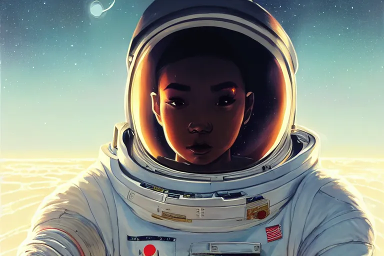 Image similar to portrait of cl rapper in a spacesuit frowning, moon base with earth in the night sky, artgerm, ilya kuvshinov, krenz cushart, ruan jia, realism, ultra detailed, 8 k resolution